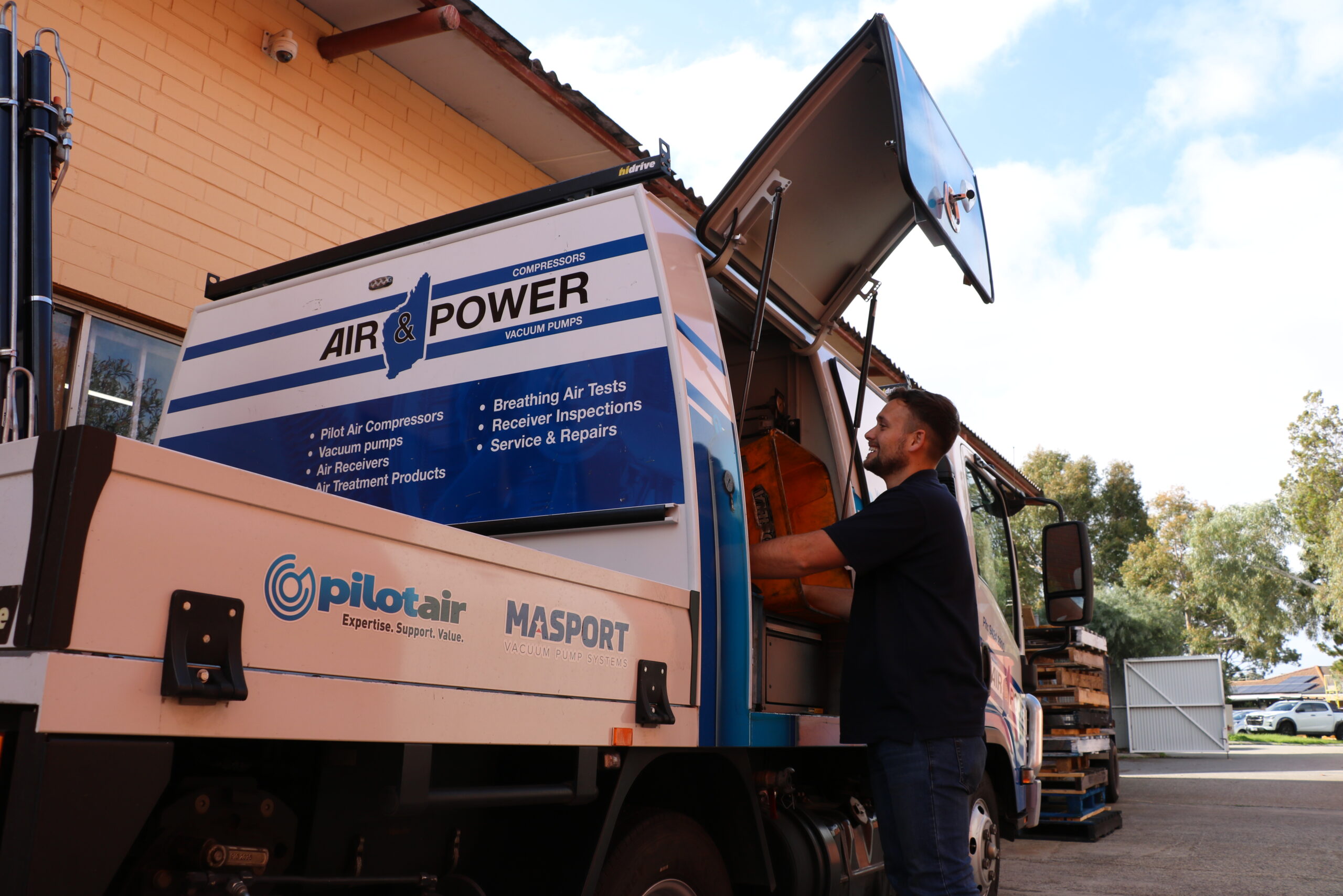 IMG 6433 scaled How Air & Power Delivered a Scalable, Full-Facility Air System for Truck Centre’s New Workshop 1 Mobile compressor and pump servicing with Air & Power