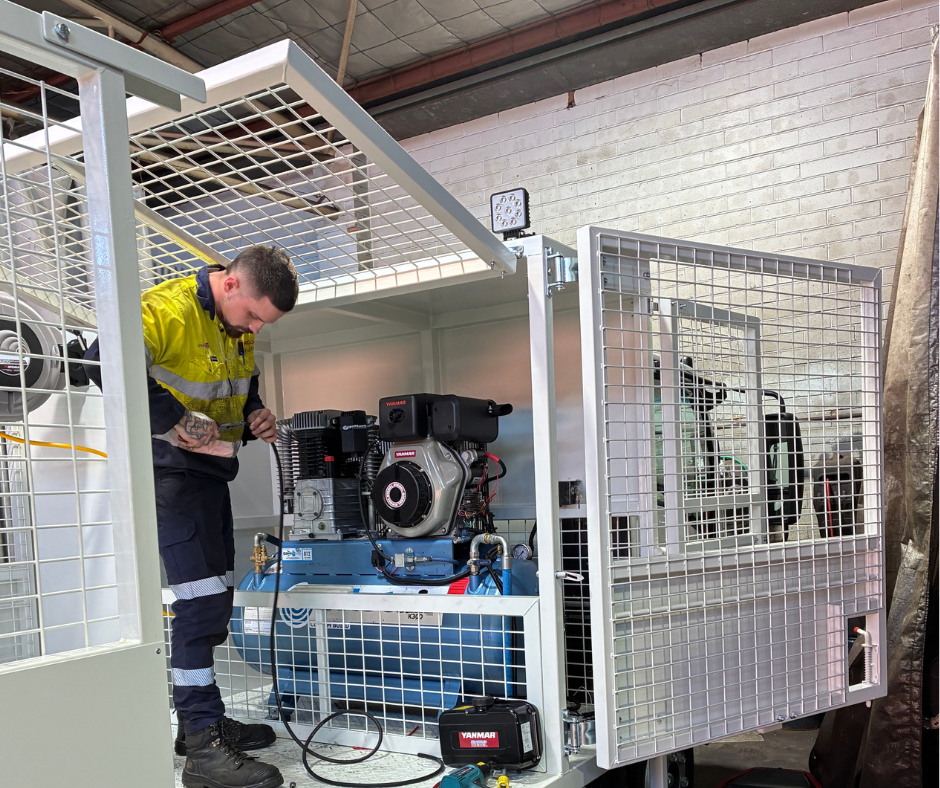 Air & Power technician servicing diesel driven Pilot Air compressor